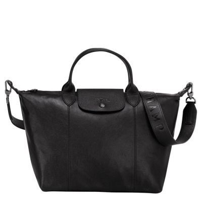 Black Longchamp Le Pliage Cuir M Women's Top-handle Bags | UK-V291867